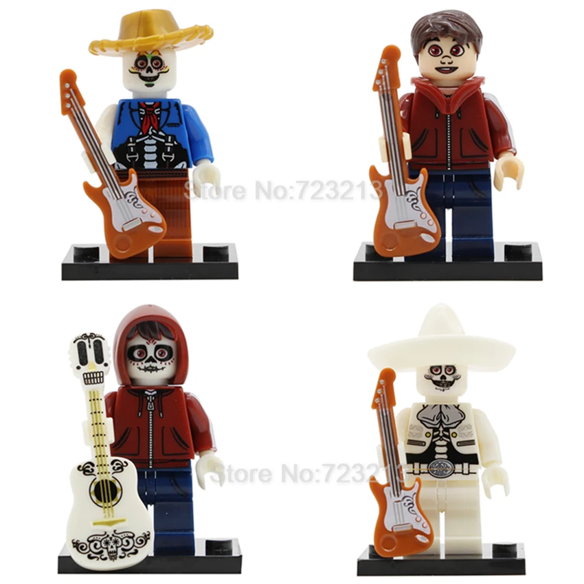 

4pcs/lot Mexico Movie Coco Hector Rivera Miguel Cartoon Figure Set Guitar Cartoon Model Building Blocks kits Brick Toys Legoing