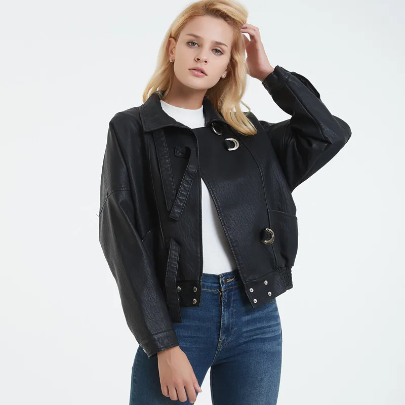 

2019 new Leather Jacket Female Korean version of the loose Biker Jacket PU leather women Short Black Jacket Faux Leather Coat