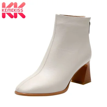 

KemeKiss Real Leather Women Ankle Boots Thick Heel Pointed Toe Zipper Shoes Winter Warm Boots Fashion Footwear Size 34-39