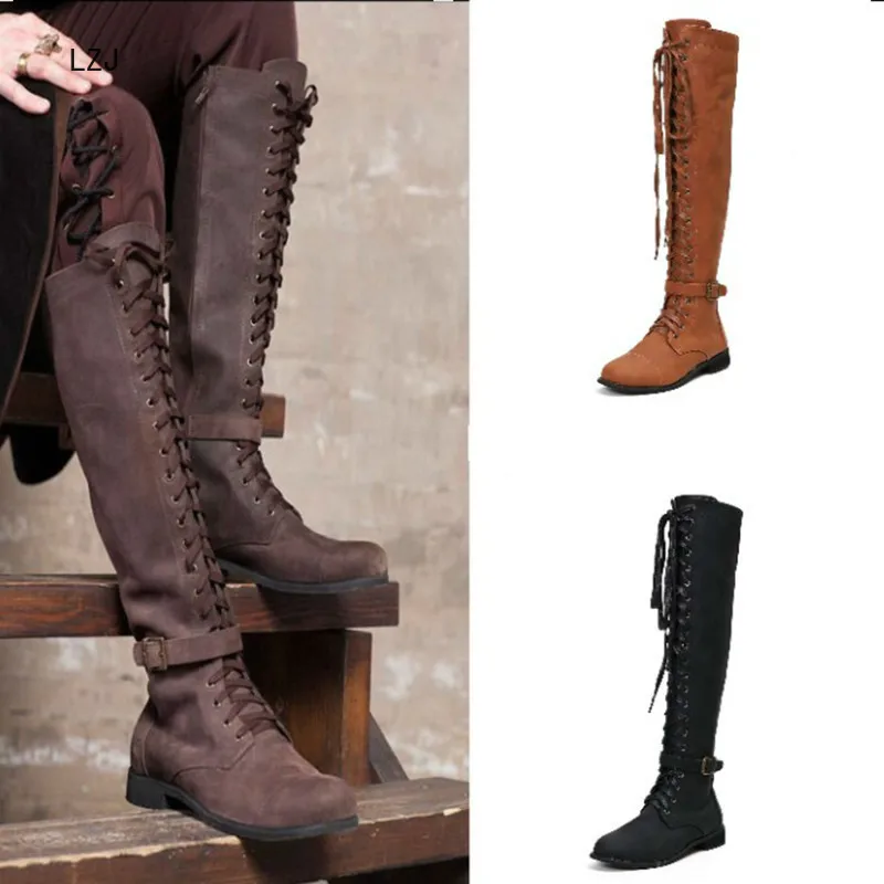 

LZJ Woman Front Lace Up Knee High Martin Boot Winter Warm Plush Gladiator Long Booties Lady Thick Heel Platform Sapatos Feminino