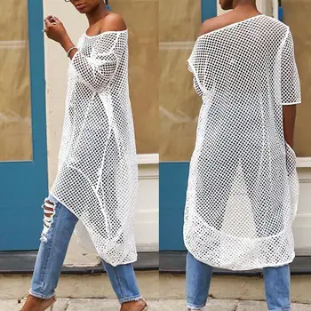 

Plus Size Womens Ladies Casual Summer Mesh Long Tops T-Shirt Female Beach Fashion Cover Up Outfits