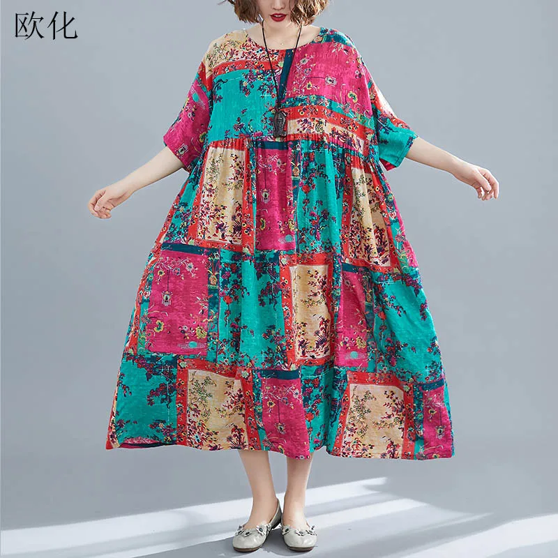 New Arrival 2020 Summer Fashion Women Dress Big Size 4XL 5XL 6XL Plaid Floral Boho Beach Oversize Cotton Robe Femme | Женская одежда