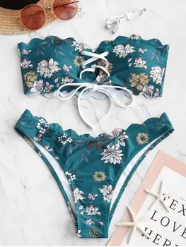 

lady's Tube Bikini floral Micro bikini chest front lace-up swimsuit women swimwear bathing suit summer bikinis women xl biquini