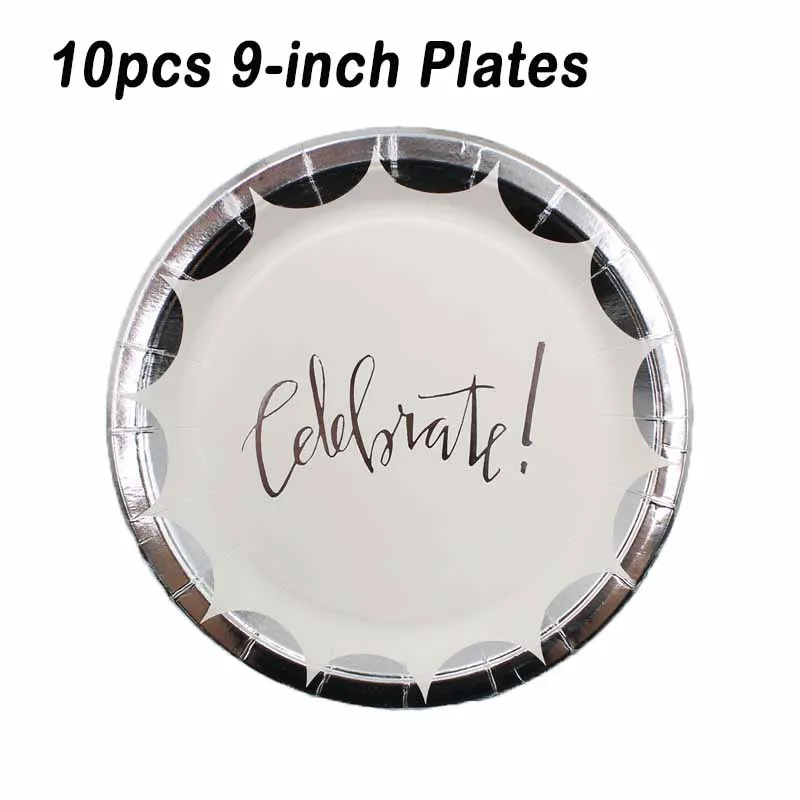 Plates 9-inch 10pcs Праздничные вечерние одноразовые посуда бумажные тарелки, чашки, серебристые соломинки для детей, праздничные вечерние принадлежности для взрослых - Цвет: Plates 9-inch 10pcs