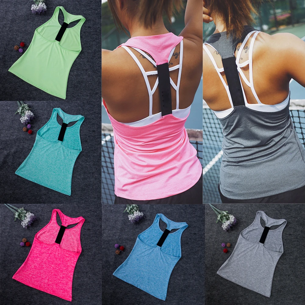 Women's Yoga Tops Workout Tank T-Shirts Fitness Vest Sports Training Singlet Running Athletic Strappy Sleeveless Blouse