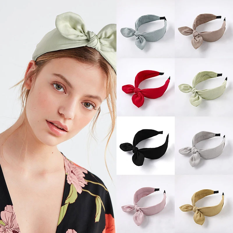 Cloth Fabric Solid Color Retro design solid color satin bow headband female fashion rabbit ears tiara headwear hair accessories |