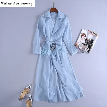 

Runway New Summer Lace Up Windbreaker Dress Women Long Sleeve Feather Pockets Sexy Party Mid Dresses Female Elegant Clothes 2020