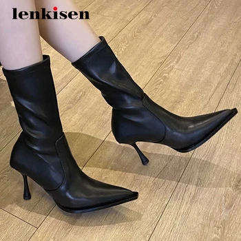

Lenkisen 2020 work boots real leather stretch pointed toe thin high heel slip on office lady daily wear gorgeous ankle boots L68