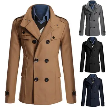 Men Long Sleeve Lapel Collar Double-breasted Coat