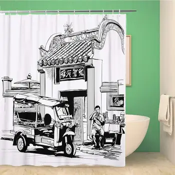 

Bathroom Shower Curtain Tuk Driver Eating at The Door of Chinese Temple Polyester Fabric 66x72 inches Waterproof Bath Curtain