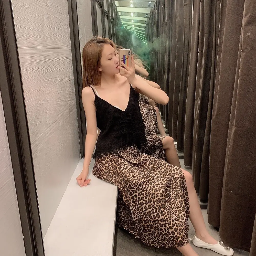 

Western Style 2019 Summer New Style High-waisted Slimming Leopord Pattern Printed Slit Skirt Pleated Skirt WOMEN'S Dress