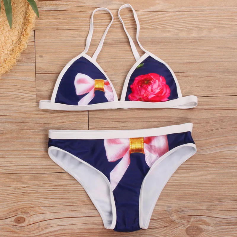 

2018 New Style Bow Rose Printed Split Type Bandage Cloth Bikini Bathing Suit WOMEN'S Swimsuit