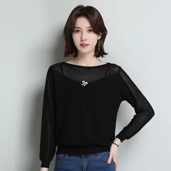 

Spring and autumn new solid color round neck hollow long sleeve knitted T-shirt