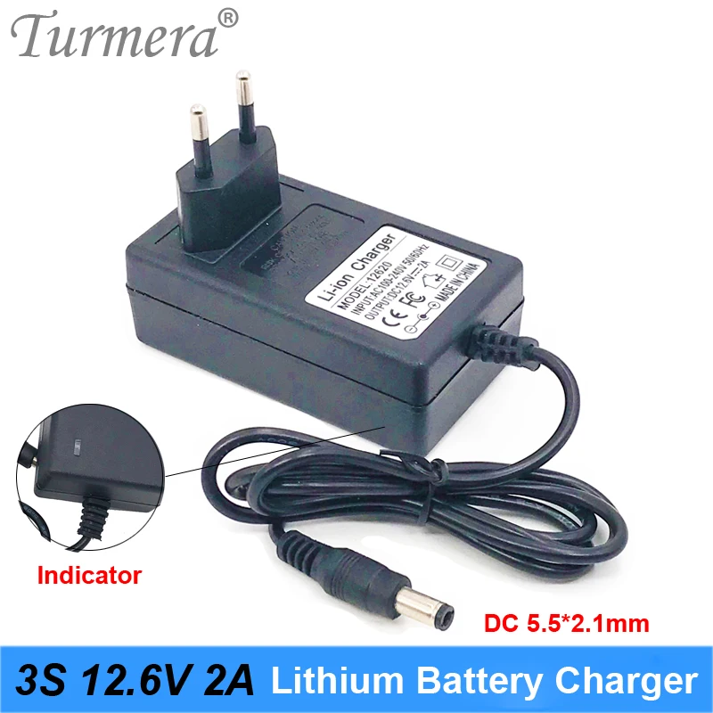 Turmera 12.6V 2A 18650 Battery Charger DC 5.5MM2.1MM for 3S attery Pack for Screwdriver Battery with Indicator 06