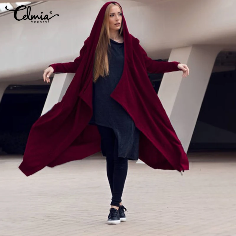 remarkable Women Vintage Hooded Long Jackets Celmia 2019 Autumn Winter Coats Casual Loose Knitted Asymmetrical