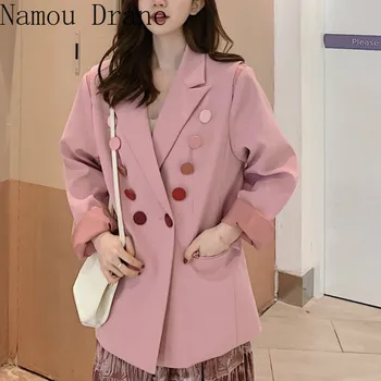 

Vintage Fashion Pink Blazer Women Double Breasted Buttons Design Loose Jackets Coats Spring Clothes Female Tops