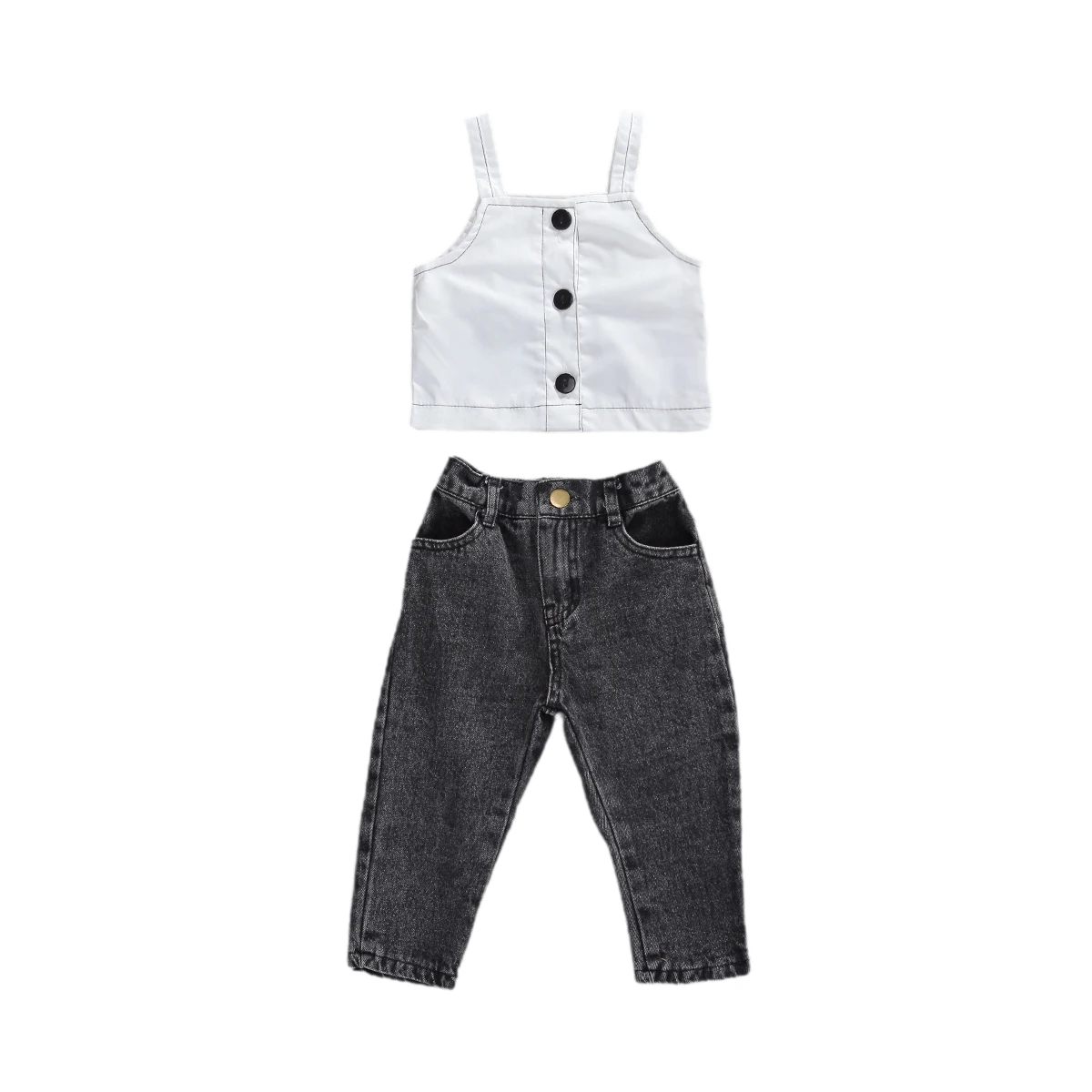 

Toddler Baby Little Girls Summer Fashion Solid Sleeveless Sling Button Vest+Denim Long Trousers with Pockets Outfit Clothes Set
