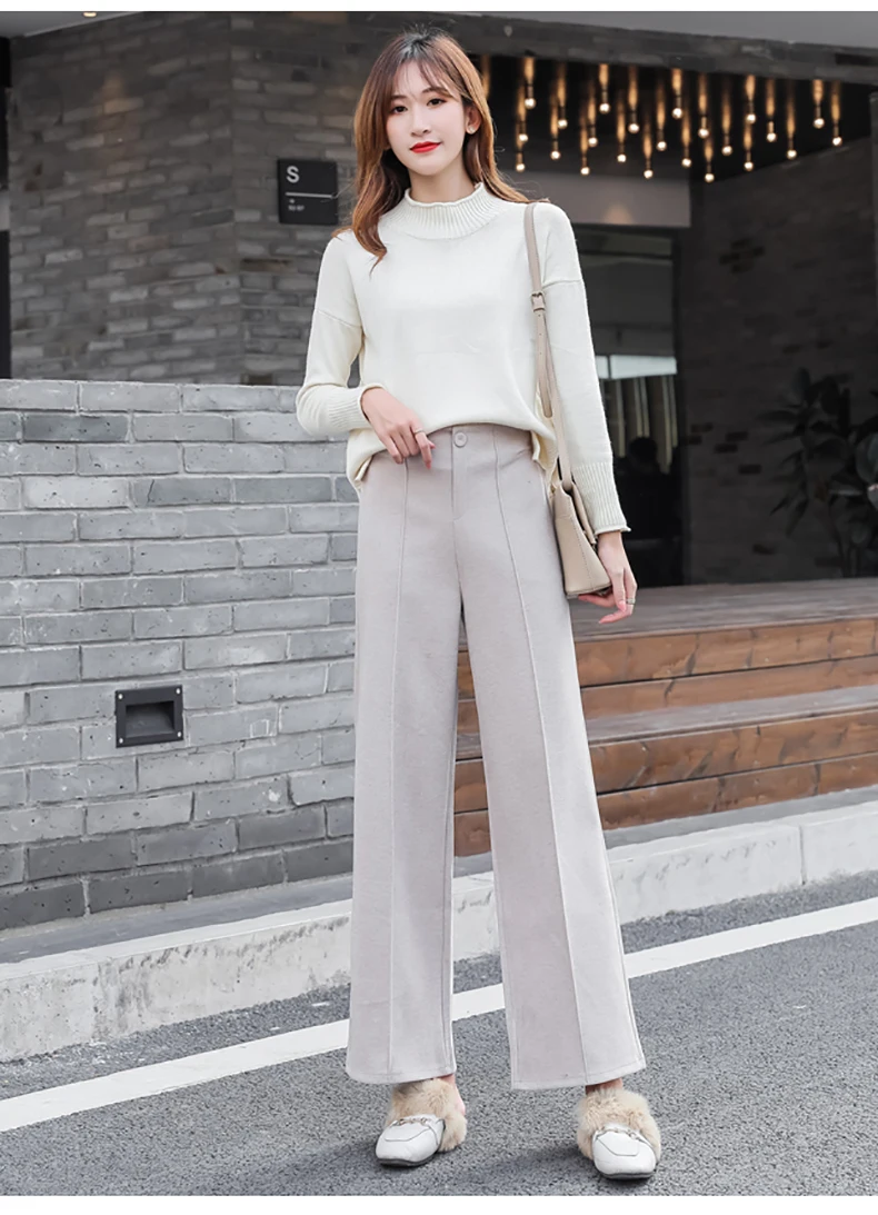 Ankle-Length Women Woolen Pants Wide Leg Pant 2019 New Fashion Autumn Winter Wear High Waist Loose Female Black Beige Trousers (8)