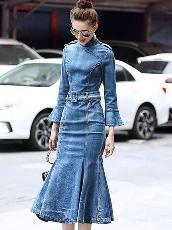 Denim vestito a maniche lunghe blu del vestito di jeans faemal lungo maxi  vintage sexy badycon delle signore del partito elegante abiti denim delle  donne 2019|Dresses| - AliExpress