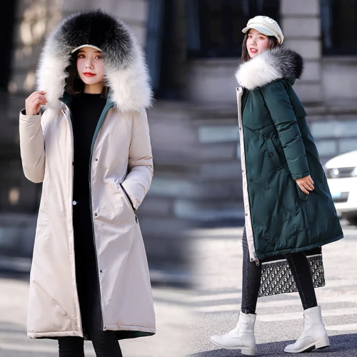 

Middle Age Women Clothes Large Size Double Sided Down Wearing Woman Long Winter Coats With Fur Oversized Loose With Hood Jacket