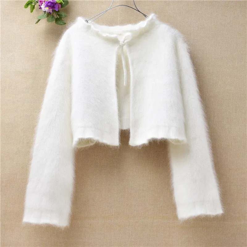 Body38cm Chest96cm Женский топ mujer, женский белый короткий кардиган с длинным рукавом, куртка из ангорской кроличьей шерсти, вязаное пальто из соболя, Осеннее тонкое - Цвет: Body38cm Chest96cm