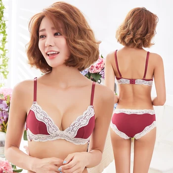 

No trace ultra-comfortable thin section no steel ring thin section pure cotton underwear deep v Sexy Lace Japanese Girls Bra set