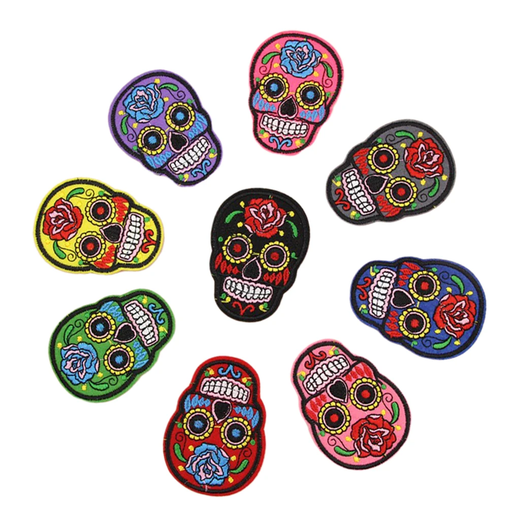 8x Skull Pattern Patch Fabric Garment Applique Embroidery, Handcraft Sewing Accessories Clothing Stickers Sew-on Patches
