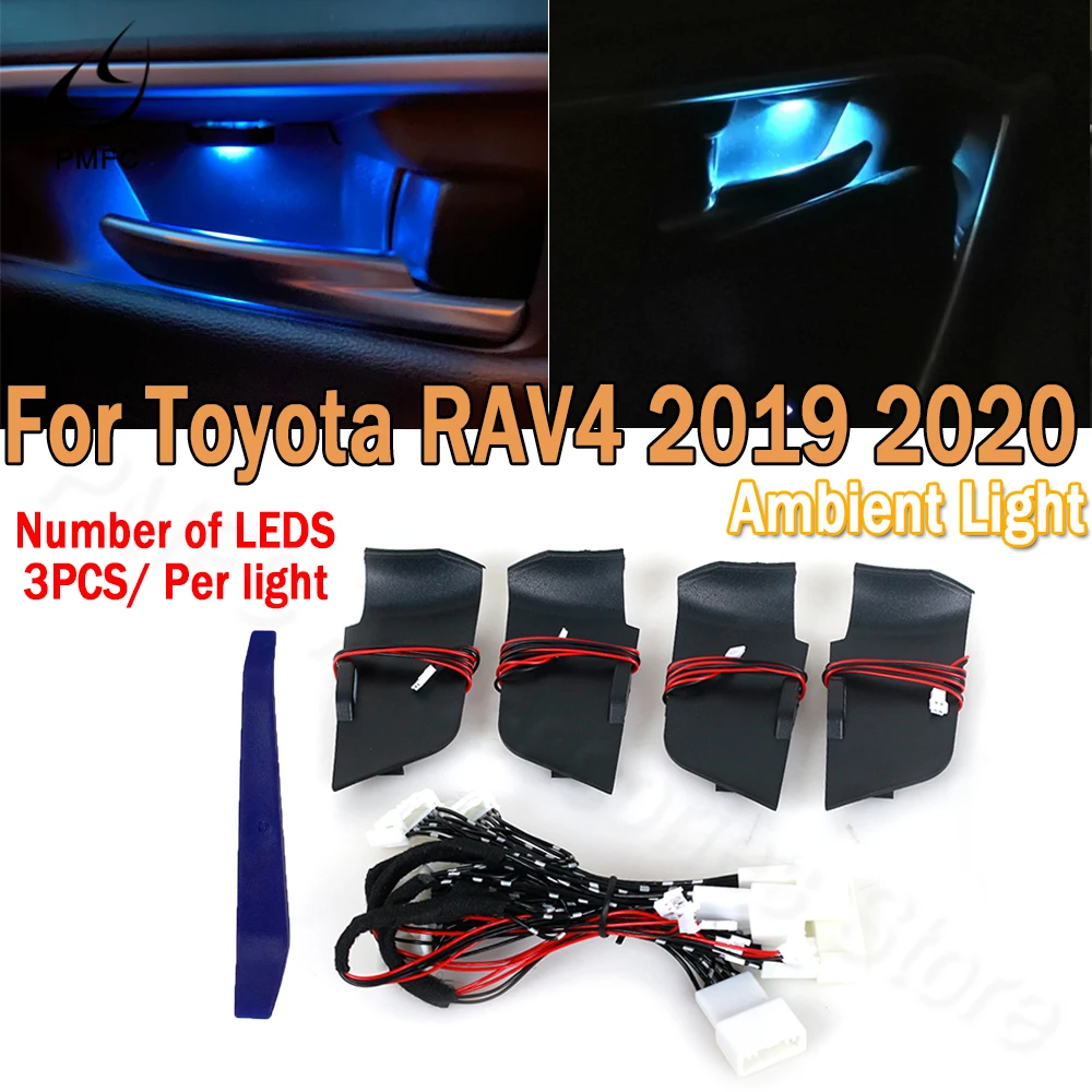 

PMFC 4Pcs LED Armrest Door Bowl Handle Frame Light Ambient Lamp Interior Blue Decoration Atmosphere Lights For Toyota RAV4 2020