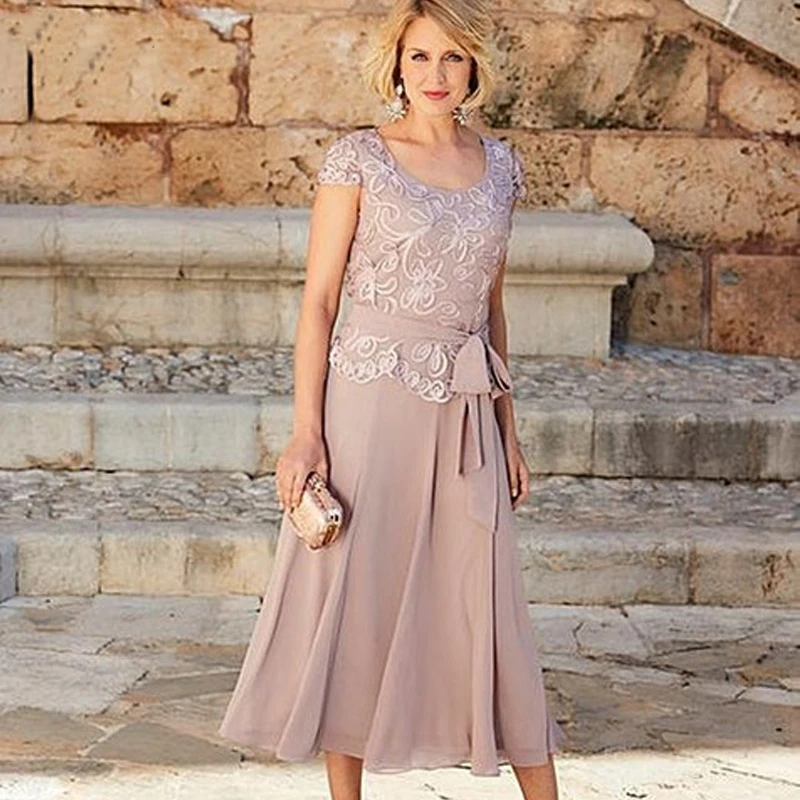 

New Arrival Plus Size Mother Of The Bride Dresses With Short Sleeves Jewel Sashes Scoop Tea-Length Wedding Evening Guest Gowns