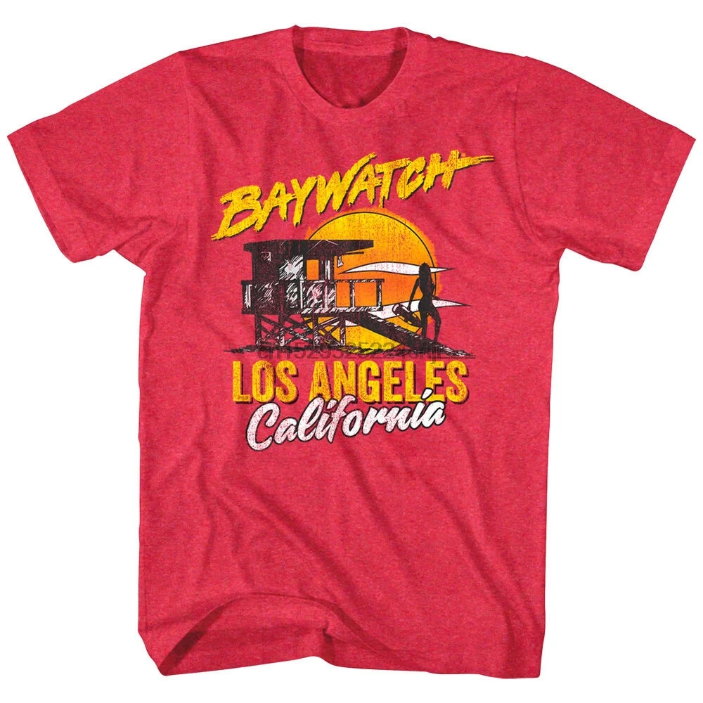 Мужская Винтажная Футболка Baywatch Lifeguard с силуэтом башни закат Los Angeles CA(1) |