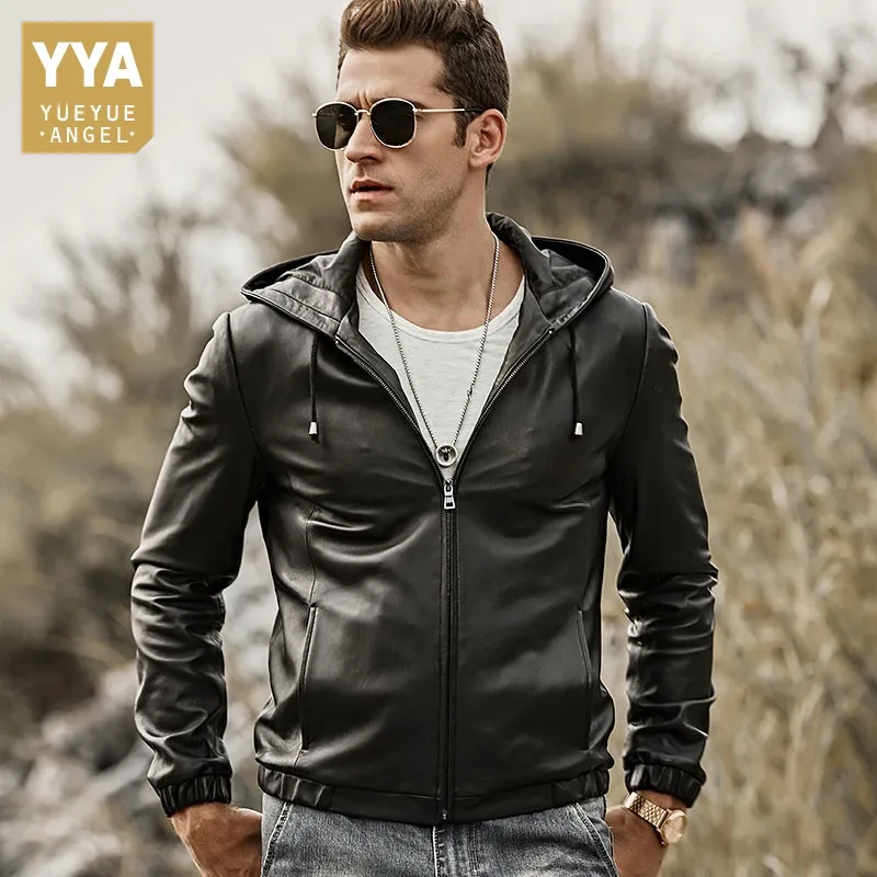 

Plus Size 5XL Genuine Leather Jacket Men Hooded Casual Sheepskin Short Coat High Quality Slim Zipper Motorcycle Jacket Black