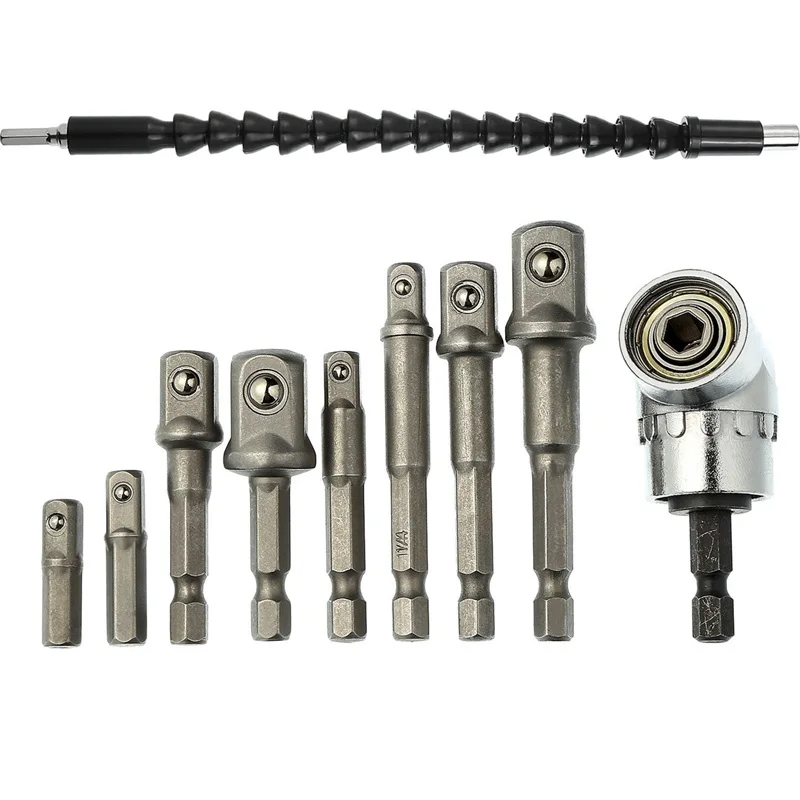 

8 Pieces Socket Adapter Impact Hex Shank Drill Nut Driver Power Bits Extension Bar Set 12 Inch with 1 Right Angle Drill 1/ 4 Inc