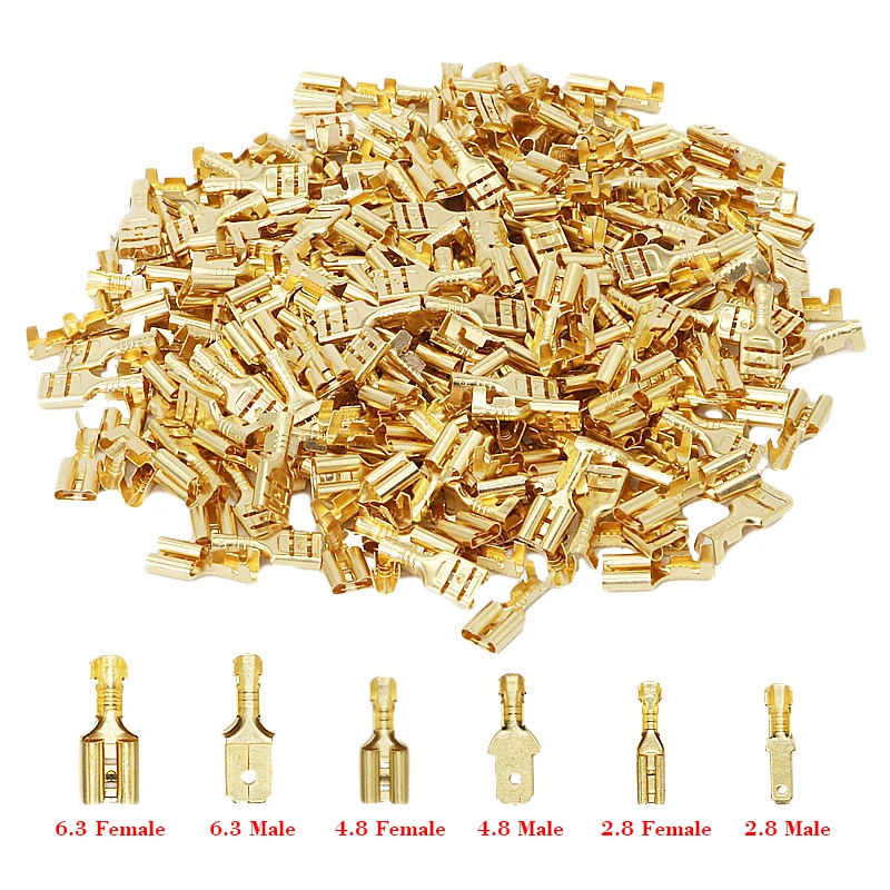 100 pçs/lote 2.8/4.8/6.3mm conector terminal de friso fêmea e masculino ouro bronze/prata alto falante do carro elétrico fio conectores conjunto|Terminais| -