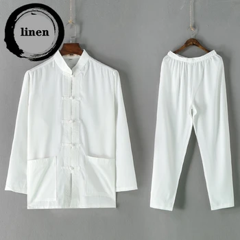 

Chinese style spring cotton and linen men's long-sleeved linen Tang suit men's middle-aged and elderly men's large size kung fu