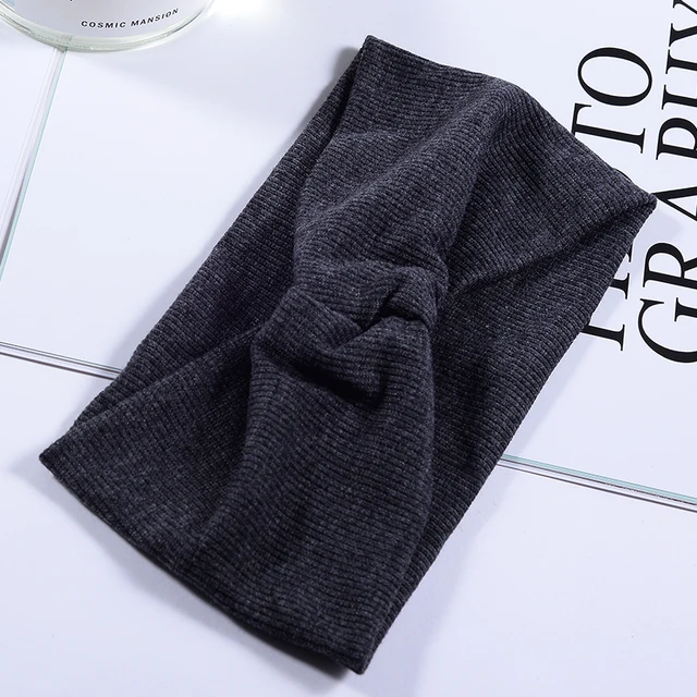 Women Headband Twist Turban Solid Wide Knitted Knotted Yoga Twisted Hairband Accessories For Turban Bandage Bandanas Hair Bands 01-Dark Grey