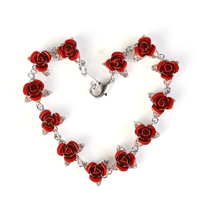 Прямая браслет красные розы цветы золотой цвет цепочка на запястье День Святого Валентина подарок для женщин модные ювелирные браслеты - Цвет: Серебристый