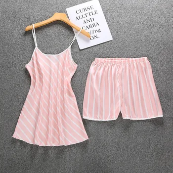 

Women 2PCS Striped Print Pajamas Suit Summer Sweet Pink Pijama Sexy V-Neck Backless Strap Top&Shorts Nightwear Chiffon Home Wear