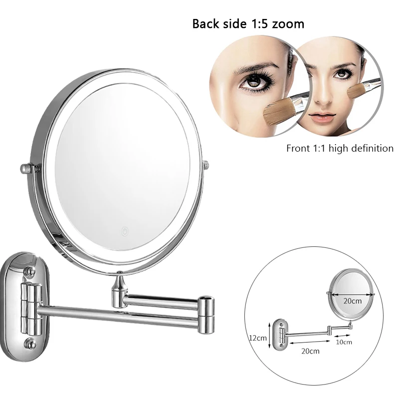 Bath Makeup Mirror LED Folding Wall Mounted Bathroom 8 inch Mirror 3x 5x 7x 10x Magnifying Double Sided Touch Bright Adjustable