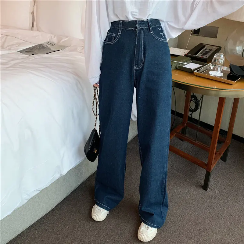 HziriP, хит, прямые, уличные, высокого размера плюс, с вышивкой,, высокая талия, свободные джинсы, полная длина, джинсовые, повседневные, широкие брюки