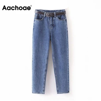 

Aachoae Fashion Women Mom Jeans With Belt Cowboy Long Trousers Boyfriend Stretch Jeans Casual Female Washed Denim Harem Pants
