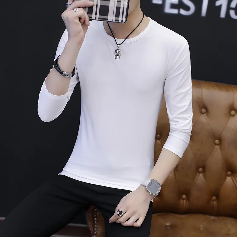 

Fashion casual long sleeve T-shirt for men with solid color round collar