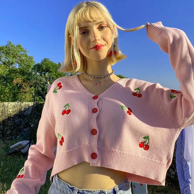Kawaii Pink White Cherry Embroidery Knitting Cardigan For Girls New Women  Long Sleeve Knitted Sweaters Winter Sweater Tunic Tops - AliExpress