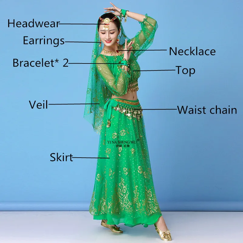 Болливуд платье костюм для женщин набор индийский танец сари танец живота наряд Одежда для выступлений шифон с длинным рукавом Топ+ пояс+ юбка - Цвет: Green 8pcs