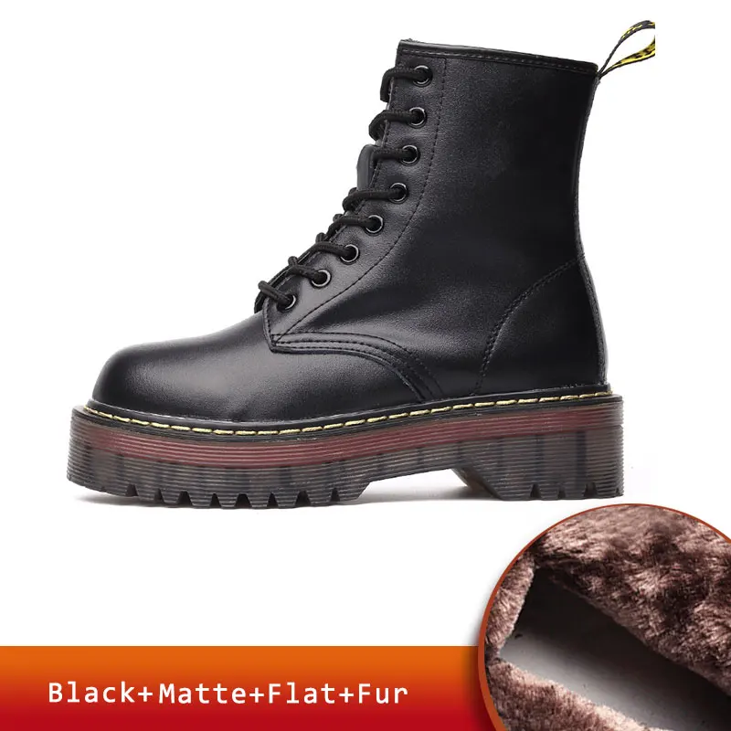 Ботинки из натуральной кожи; ботинки на плоской платформе; женская обувь; сезон осень-зима; модные кожаные ботинки на меху с круглым носком на шнуровке; женская обувь - Цвет: Black Fur