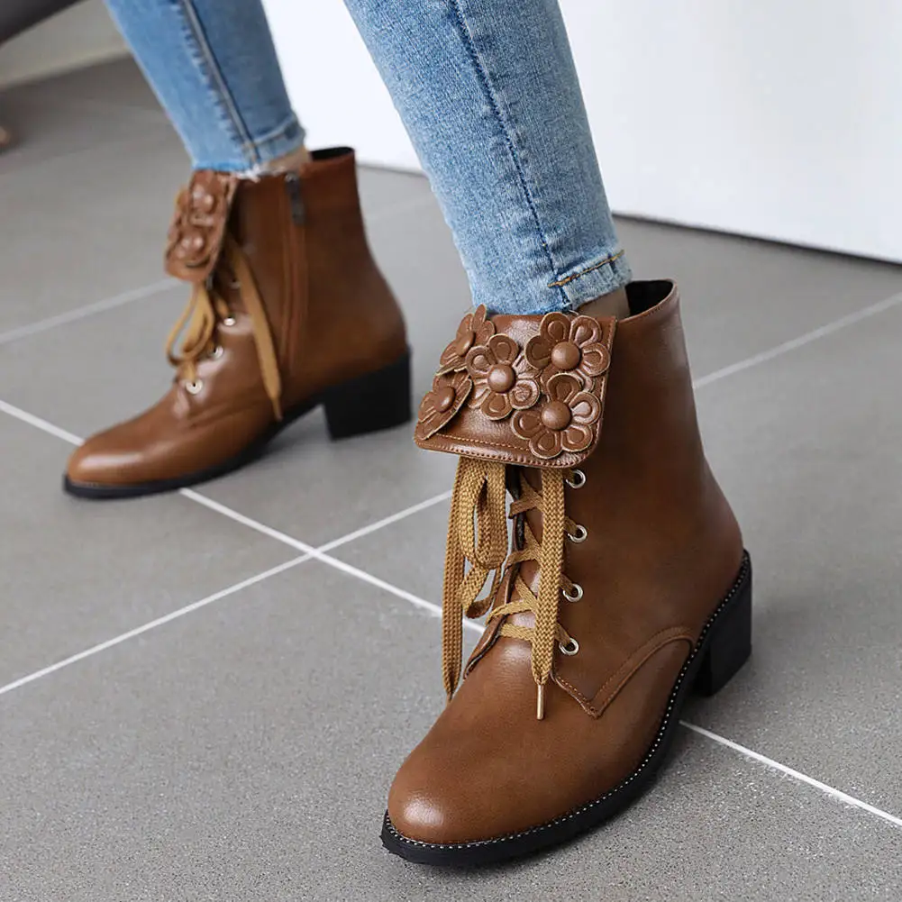 BONJOMARISA New Plus Size 33-48 Retro lace-up Booties Ladies Decorating Ankle Boots Women 2019 Vintage Med Heels Shoes Woman