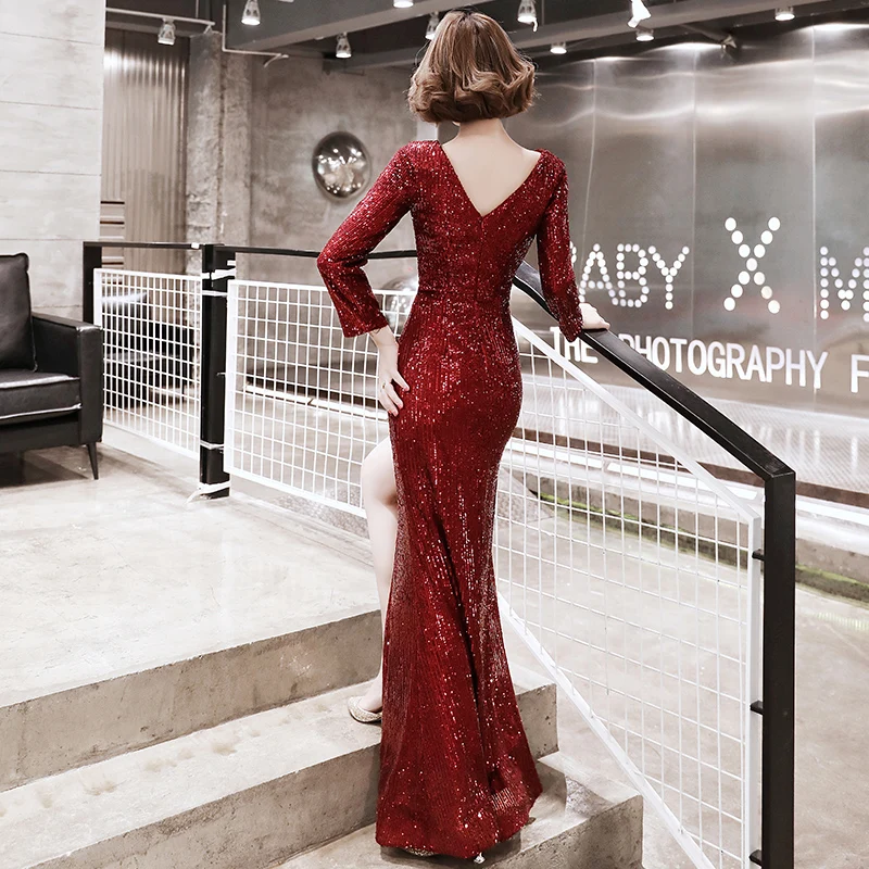 It's YiiYa Eveing Gowns V-Neck Ruched Long Sleeve Robe De Soiree Split Floor-Length Sequined Mermaid Dress Woman Party K060