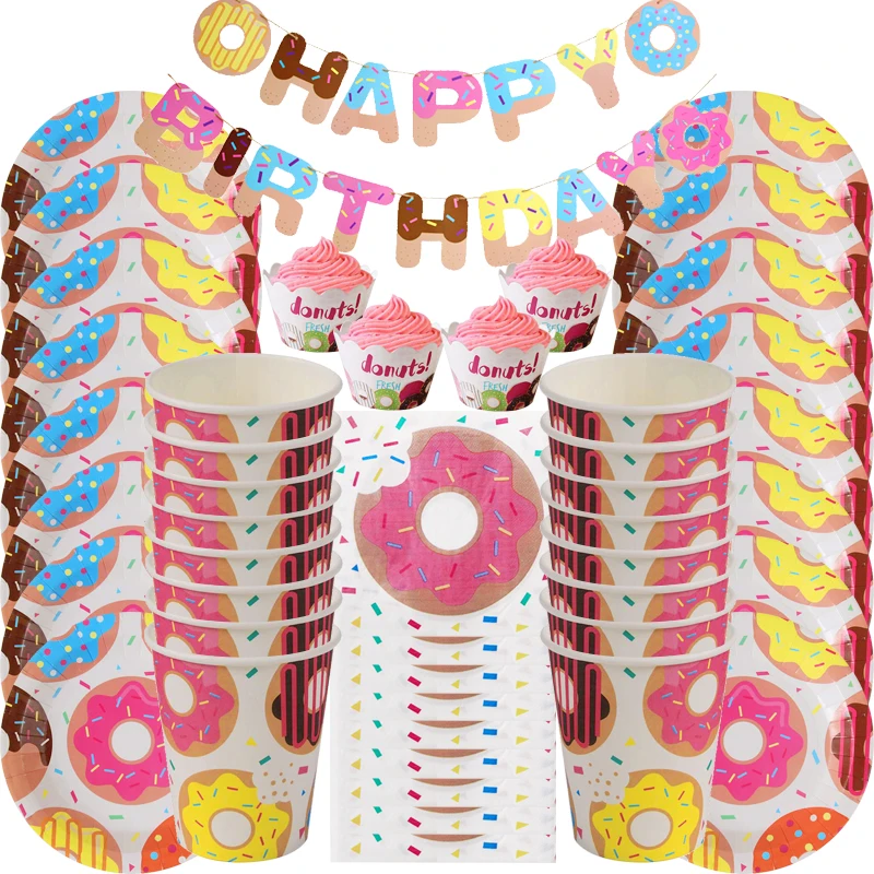 

77pcs/16guest HAPPY BIRTHDAY Donut party disposable tableware Paper plates tablecloth Treat Kids birthday decoration Baby shower