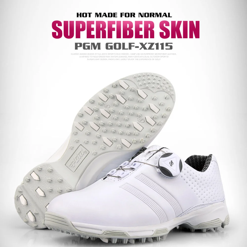 PGM New Ladies Golf Shoes Breathable Rotating Buckle Sneakers Womens Auto Lacing Waterproof Microfiber Anti-slip Golf Shoes - Цвет: White