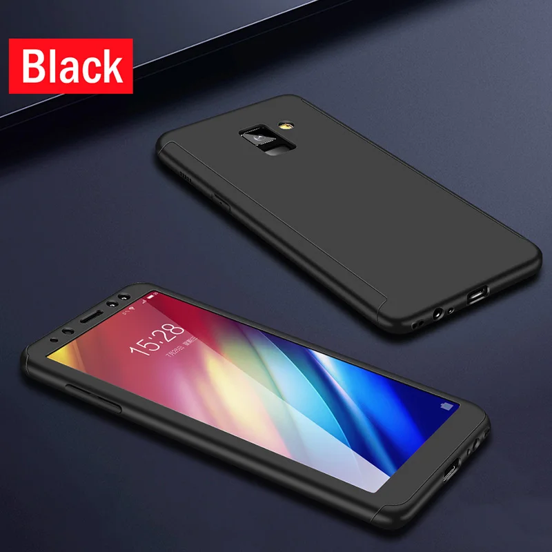 360 полный защитный чехол для samsung Galaxy J3 J5 J7 Prime A3 A5 A7 J530 J730 J4 J6 A6 A8Plus A9 чехол с Стекло - Цвет: Black