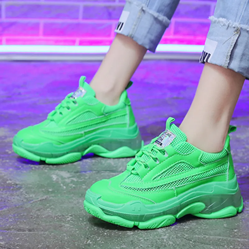 

2019 Sneakers Women Trendy Chunky Dad Green Shoe Casual Mesh Lace-up Platform Shoes Thick Sole Flats Vulcanized Shoes Women